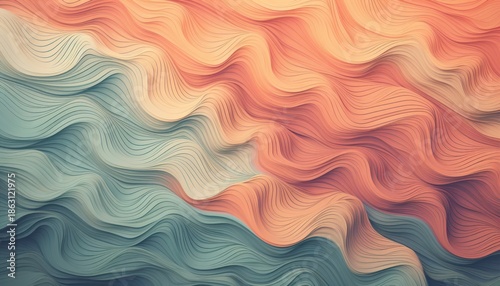 Abstract wavy lines in pastel orange and teal colors with textured grain pattern background