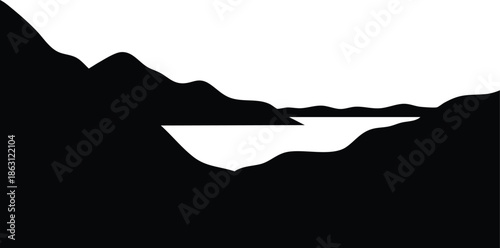 Flat design silhouette panoramic mountain lake landscape with layered ridges and reflective water seen from low angle in high contrast black and white composition minimalist vector