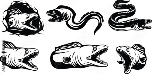 Tattoo flash six aggressive fish head vector illustrations with open mouths and sharp teeth side and front profiles close up black and white vintage line art