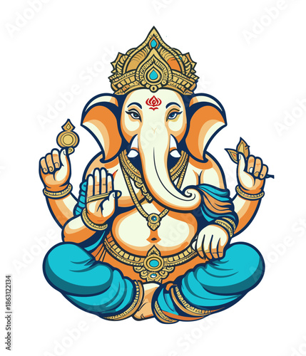 Vibrant cartoon-style Lord Ganesha illustration with expressive colors and detailed ornaments, representing joy, devotion and spiritual positivity
