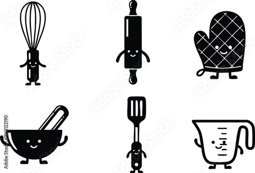 Minimalist line art front view kitchen utensil characters whisk rolling pin oven mitt spatula mixing bowl measuring jug playful friendly black silhouette flat vector icon set
