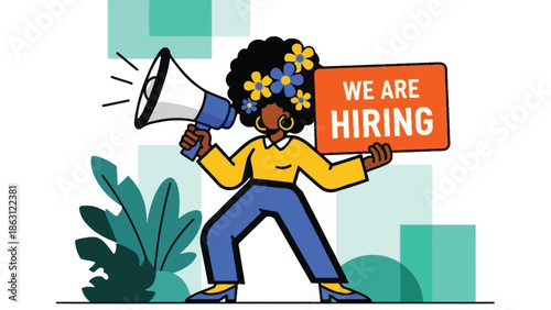 Woman with megaphone announces we are hiring job opportunity illustration with floral details