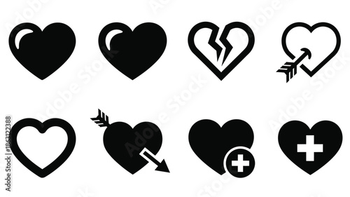 Variations of black heart icons depicting love loss and affection silhouette