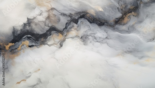 Abstract marble texture with swirling gray black and gold paint accents on white background