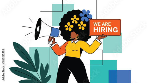A vibrant illustration depicts a woman announcing a hiring opportunity with a megaphone and flowers