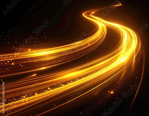 Dynamic, abstract swirl of bright, glowing yellow light trails against a stark, black background