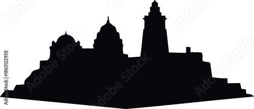 Silhouette vector flat skyline side view historic temple and tall tower on low base isolated black shape on white background minimal logo style branding editorial identity