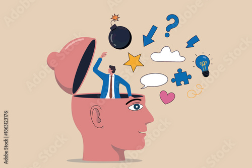 A businessman managing thoughts and ideas within an open mind, representing problem-solving and creativity