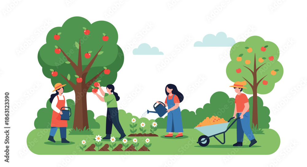 Naklejka premium Group of people working together in a lush green orchard to harvest red apples from trees and water beautiful blooming flowers.