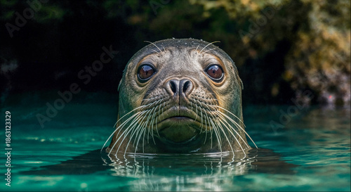 Seal swimming in clear water with rocks in the background during daylight hours in a natural habitat