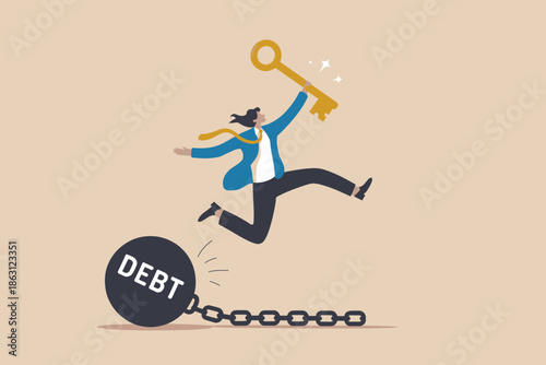 Breaking free from debt: business person escapes financial burden with a golden key