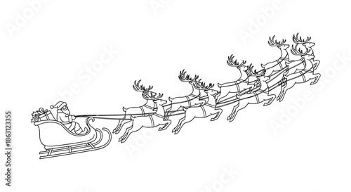 Black and white line art illustration of Santa Claus in his sleigh filled with gifts being pulled by a team of flying reindeer.