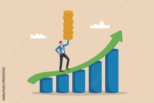Successful businessman on an upward trend, holding a stack of coins representing growth