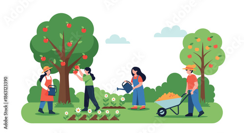 Group of people working together in a lush green orchard to harvest red apples from trees and water beautiful blooming flowers.