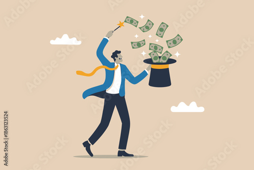 Businessman magically conjuring money from a top hat, symbolizing financial success