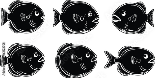 Grunge stamp vector art six distressed tropical fish icons arranged in two rows black silhouette with white scratch texture varied orientations flat composition monochrome close up