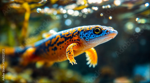 Brightly colored newt swimming in a clear aquatic environment with natural light