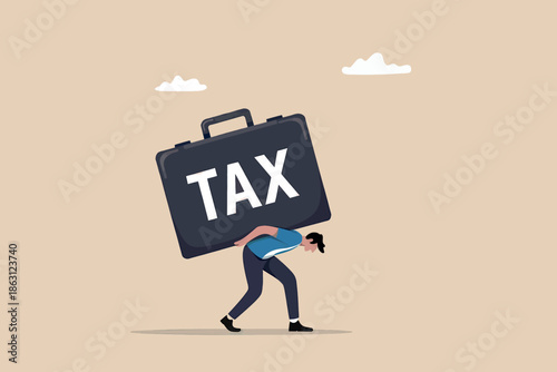 Tax burden on taxpayer. a person carrying a heavy briefcase with the word tax