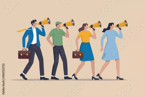 Diverse group of business professionals advocating and making announcements with megaphones