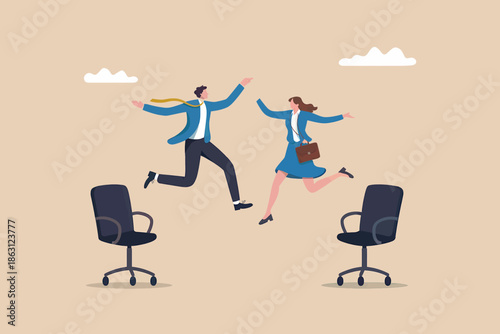 Joyful business professionals escaping office chairs, embracing freedom and success