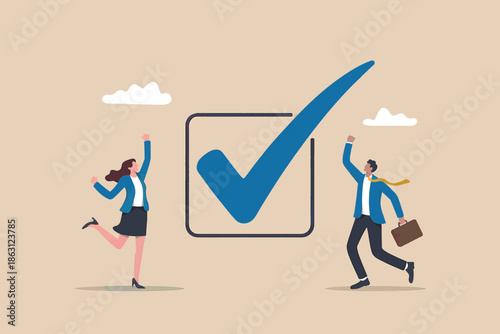 Business professionals celebrating successful task completion with a giant checkmark
