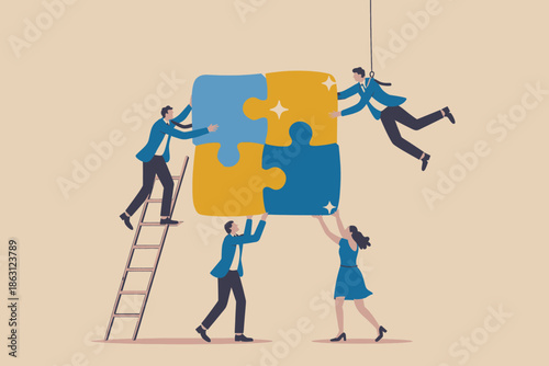 Teamwork assembling puzzle pieces to achieve business success and find solutions