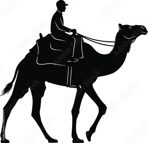 Black silhouette of a man riding a camel in the desert vector illustration isolated on white background for travel and adventure