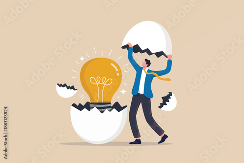 New idea breakthrough: entrepreneur revealing a glowing light bulb from a cracked egg