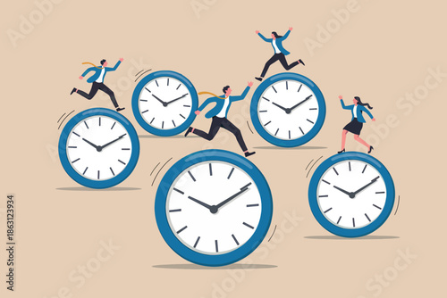Business people running on clocks, symbolizing the constant race against time and deadlines