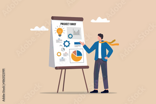 Man presenting a project brief with business ideas, data analysis, and strategic planning on a whiteboard