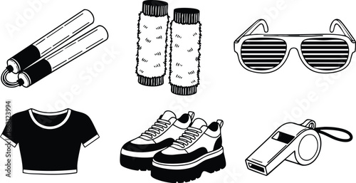 Line art vector sports gear icon set with jump rope hand grips sunglasses t shirt sneakers whistle flat black and white simple composition minimal clean layout