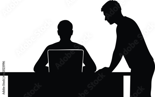 Silhouette vector side view two colleagues at desk one seated typing on laptop one standing leaning over review meeting backlit minimal workplace scene in modern office
