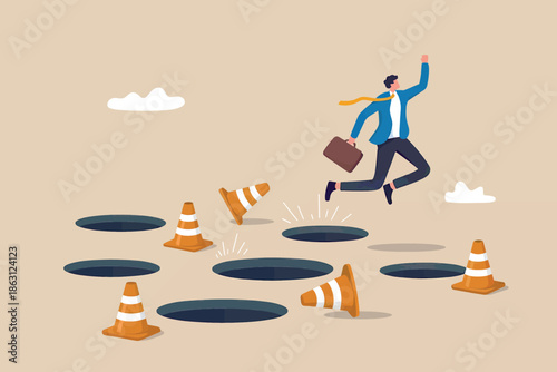 Businessman bravely jumps over potholes and traffic cones to reach his goal