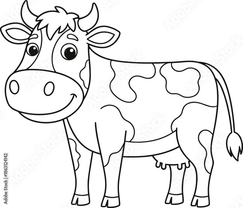Cute cartoon cow coloring page vector illustration for kids with black and white line art isolated on white background