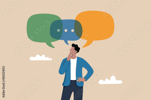 Man thinking with multiple speech bubbles above his head