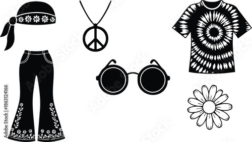 Retro hippie icon set flat vector silhouettes bandana head scarf bellbottom pants tie dye shirt peace pendant round sunglasses daisy floral motif isolated on white background
