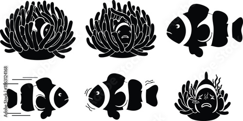 Stencil silhouette icon set of clown fish and sea anemone repeated stamps showing swimming motion close up face black vector art ink grunge texture isolated white