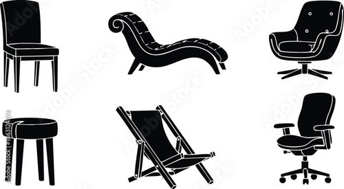 Flat design icon set six chair and stool silhouettes side view mixed seating types close up simple black shapes isolated on white vector illustration modern minimal