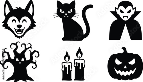Flat design silhouette halloween icon set featuring werewolf sitting cat vampire head spooky tree candles and jack o lantern arranged in two rows bold black shapes