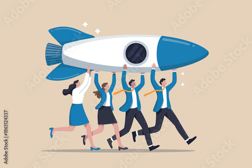 Collaborative business team carrying a rocket, symbolizing startup launch and high growth