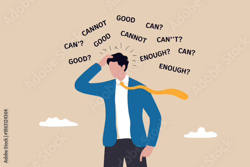 Businessman suffering from anxiety and self-doubt with negative thoughts in his mind