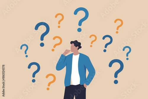 A person stands deep in thought, surrounded by floating question marks, representing confusion and uncertainty.
