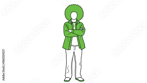 A vibrant green illustration depicts a person with a large afro and crossed arms