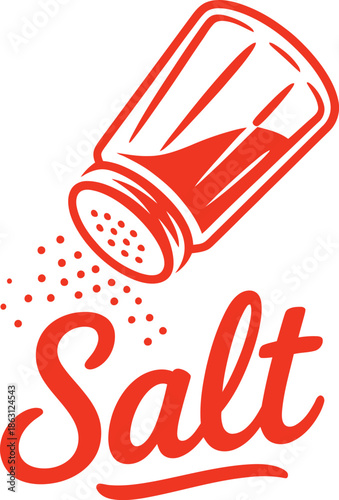 Salt Shaker Vector Illustration – Red Stylized Kitchen Seasoning Tool with Tilted Body, Dispensing Granules, and Bold Script Label.