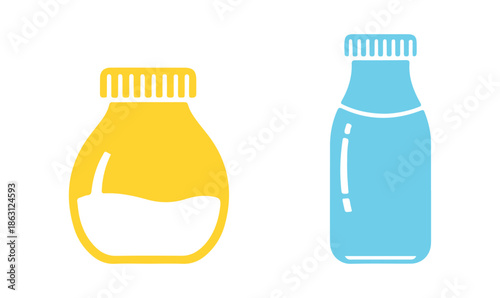 Milk Jar and Bottle Icon Collection – Symbols for Dairy Drinks, Farm Products, and Beverages, Flat Vector Art

