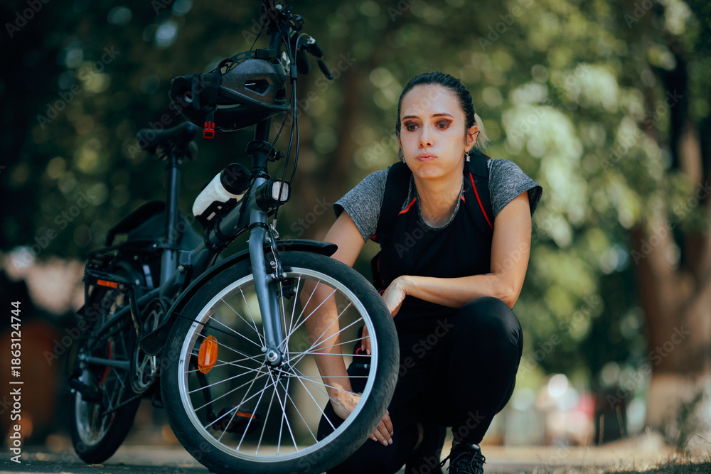 Obraz premium Stressed Biker Checking the Wheels of her Bicycle in the Park. Unhappy woman truing to fix her bike by herself 