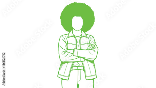 A simple green line drawing depicting a person with an afro and crossed arms