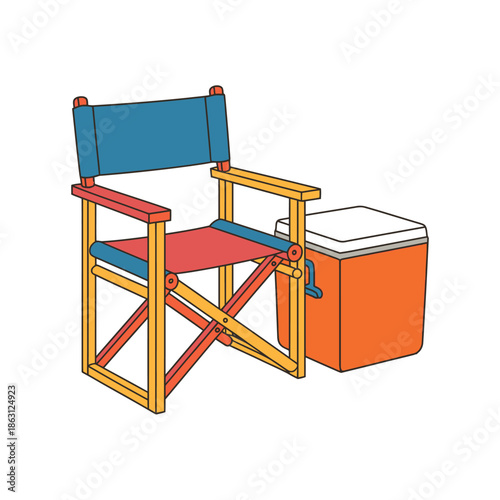 Colorful folding director's chair sits next to an orange insulated cooler box isolated on white background.