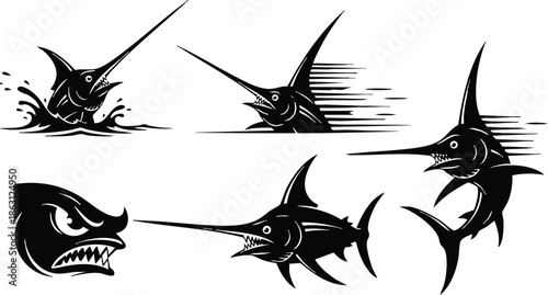 Tattoo flash swordfish and marlin vector set showing dynamic side profiles jumping and slicing through water with motion lines close up black silhouette bold aggressive illustrations