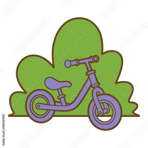 Purple balance bicycle rests in front of a bright green cartoon shrubbery icon.